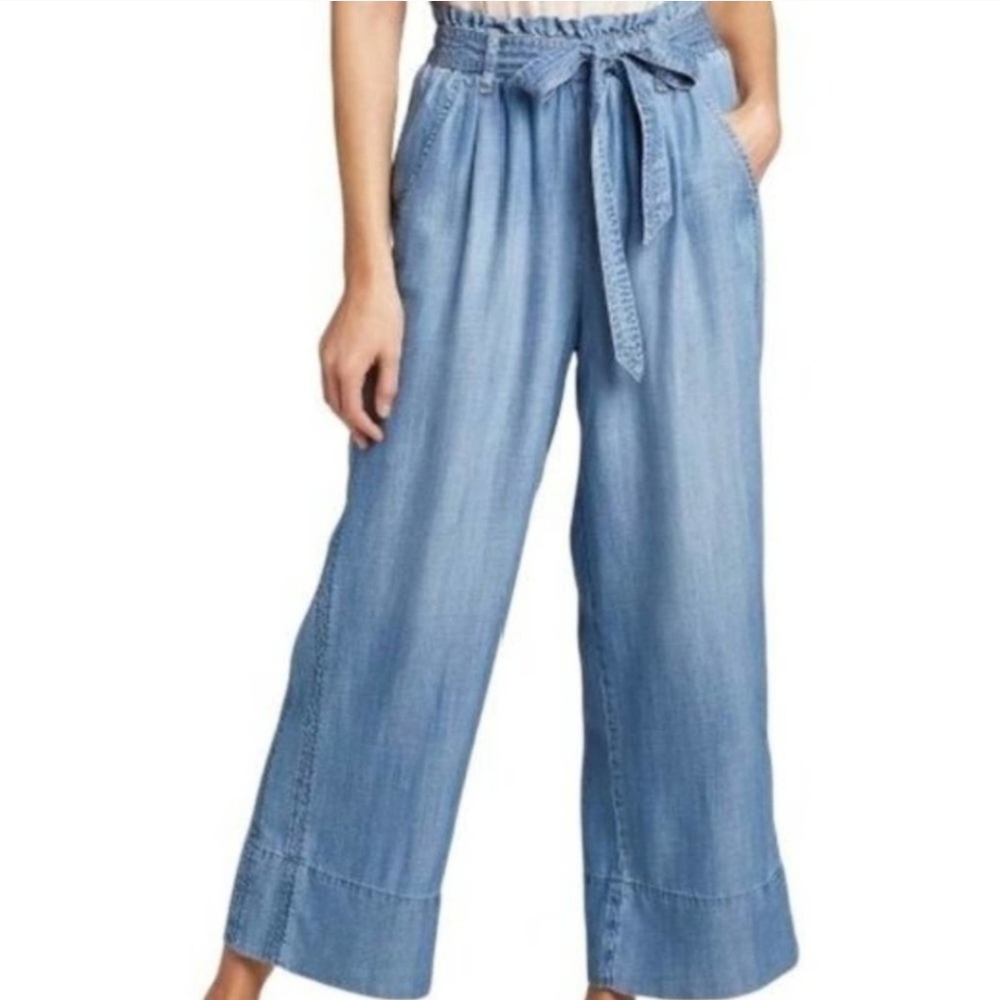 Knox Rose 100% Lyocell High Rise Wide Leg Waist Tie Chambray Blue Pants